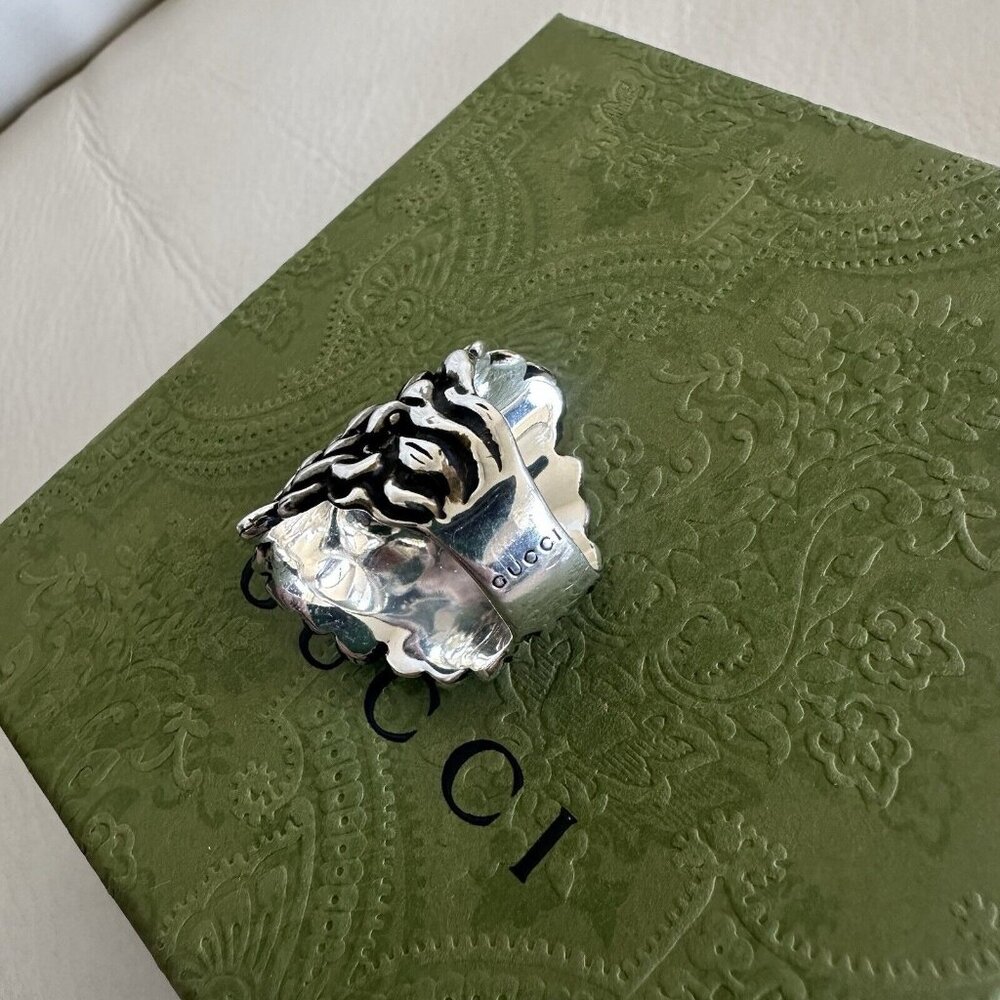 NEW Authentic Gucci Lion Head Crystal Ring In Silver & Black Sz 16 IT 7.5 US - Picture 10 of 11